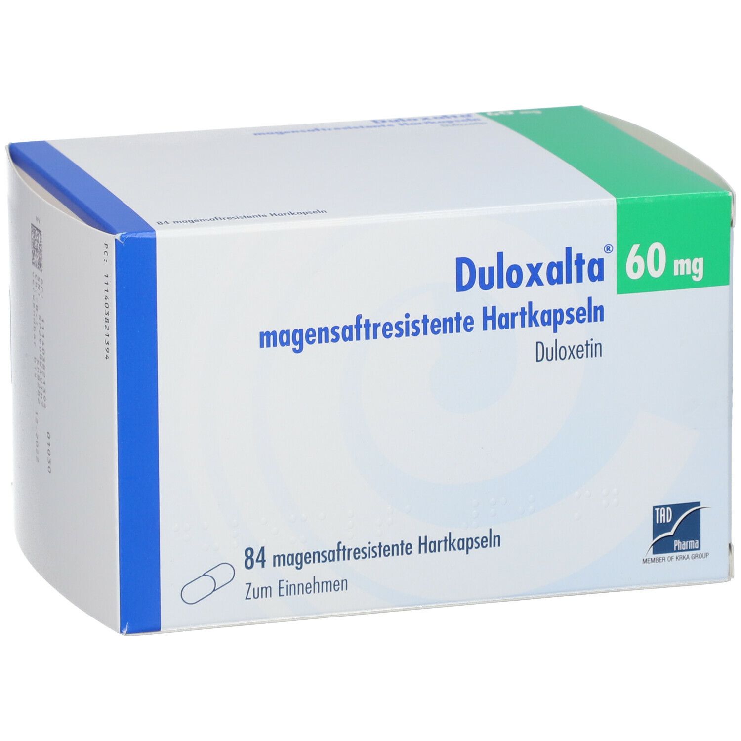 Weiße Schachtel mit blauen und grünen Akzenten. Aufschrift: Duloxalta 60 mg, magensaftresistente Hartkapseln. Enthält 84 Kapseln.