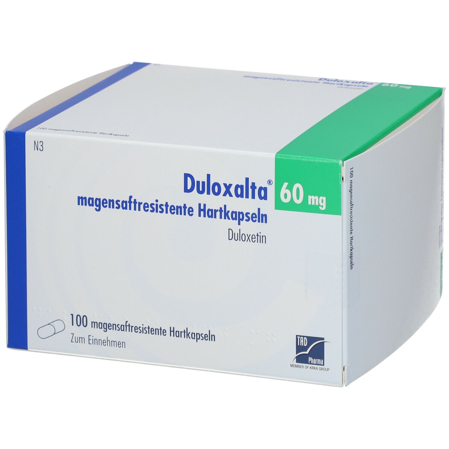 Weißer Karton mit grünen und blauen Akzenten. Aufschrift: Duloxalta 60 mg, magensaftresistente Hartkapseln. 100 Kapseln.