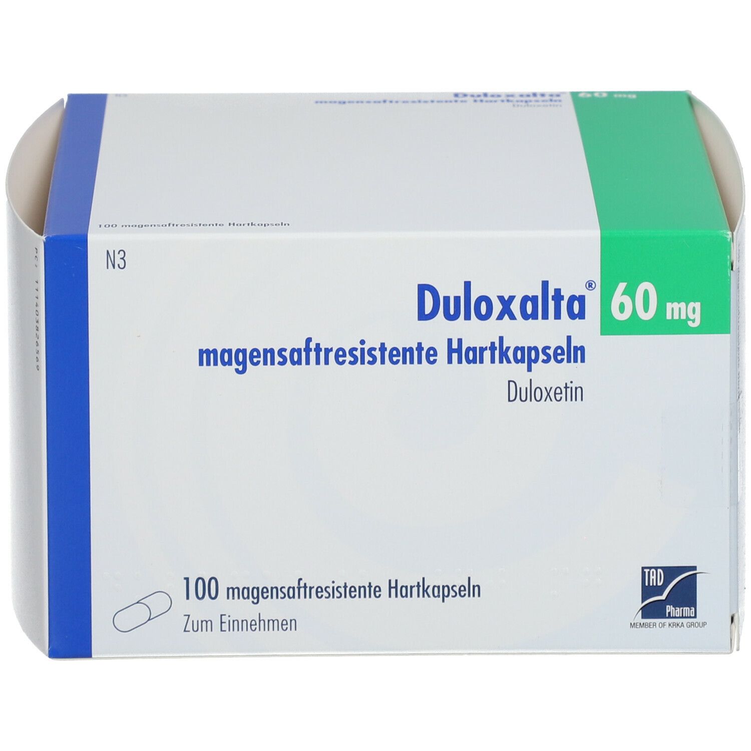 Weißer Karton mit grünen und blauen Akzenten. Aufschrift: Duloxalta 60 mg, magensaftresistente Hartkapseln. 100 Kapseln.