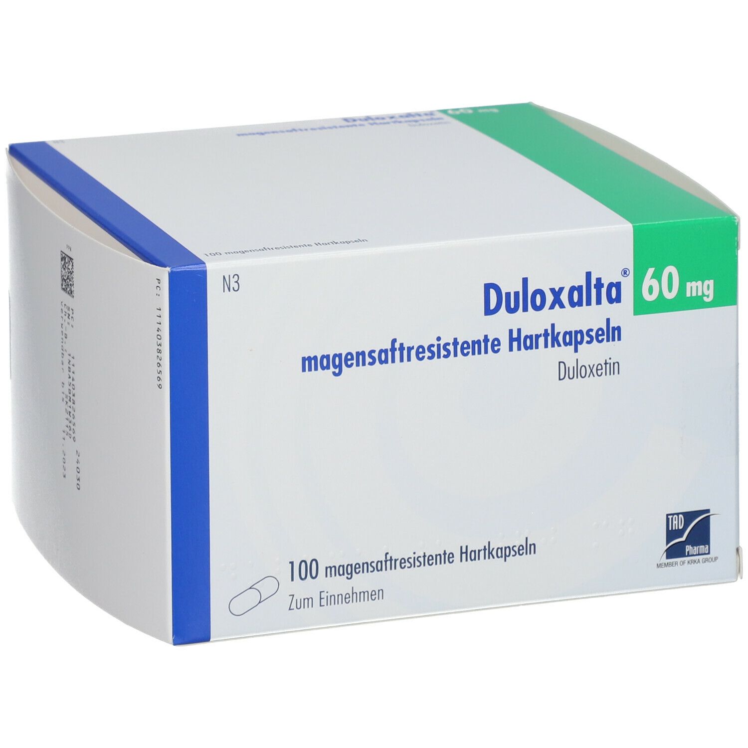 Weißer Karton mit grünen und blauen Akzenten. Aufschrift: Duloxalta 60 mg, magensaftresistente Hartkapseln. 100 Kapseln.