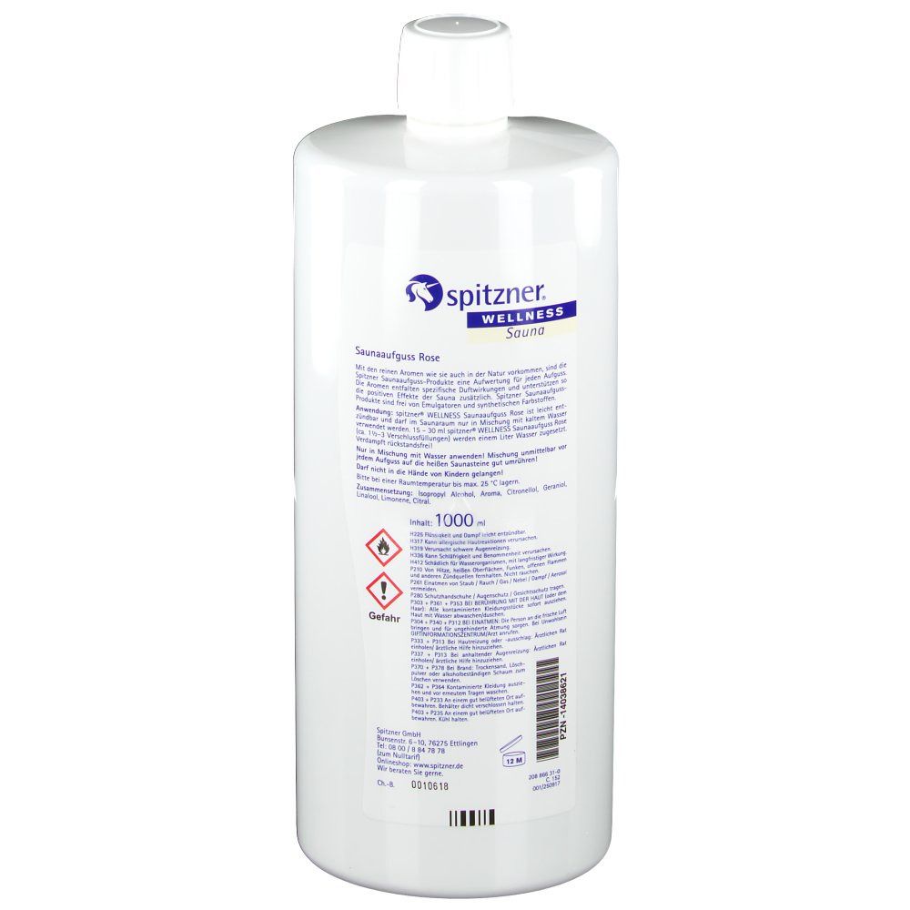 Weiße Flasche mit weißem Deckel. Rückseite mit Text und Symbolen. Aufschrift: Spitzner Wellness Sauna Aufguss Rose. 1000 ml.