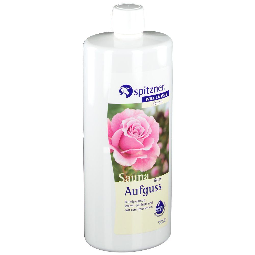 Weiße Flasche mit weißem Deckel. Etikett mit Rose, Sauna Aufguss, Spitzner Wellness. Rosa Rose abgebildet.