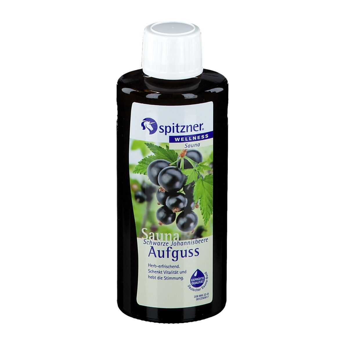 Dunkle Flasche mit weißem Deckel. Etikett mit Johannisbeeren, Logo und Schriftzug 'Wellness Sauna Aufguss'.