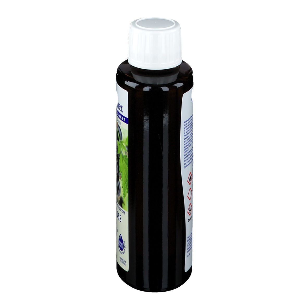 Dunkle Flasche mit weißem Deckel. Seitenansicht mit Etikett und Warnhinweisen.