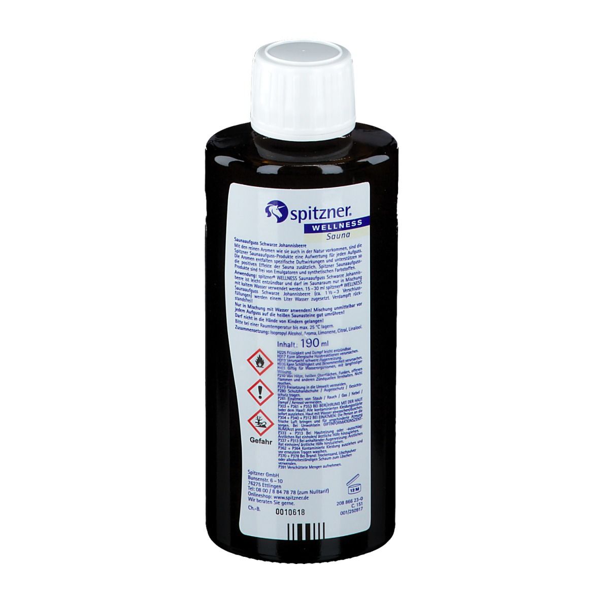Dunkle Flasche mit weißem Deckel. Rückseite mit Etikett, Inhaltsangaben und Warnhinweisen.