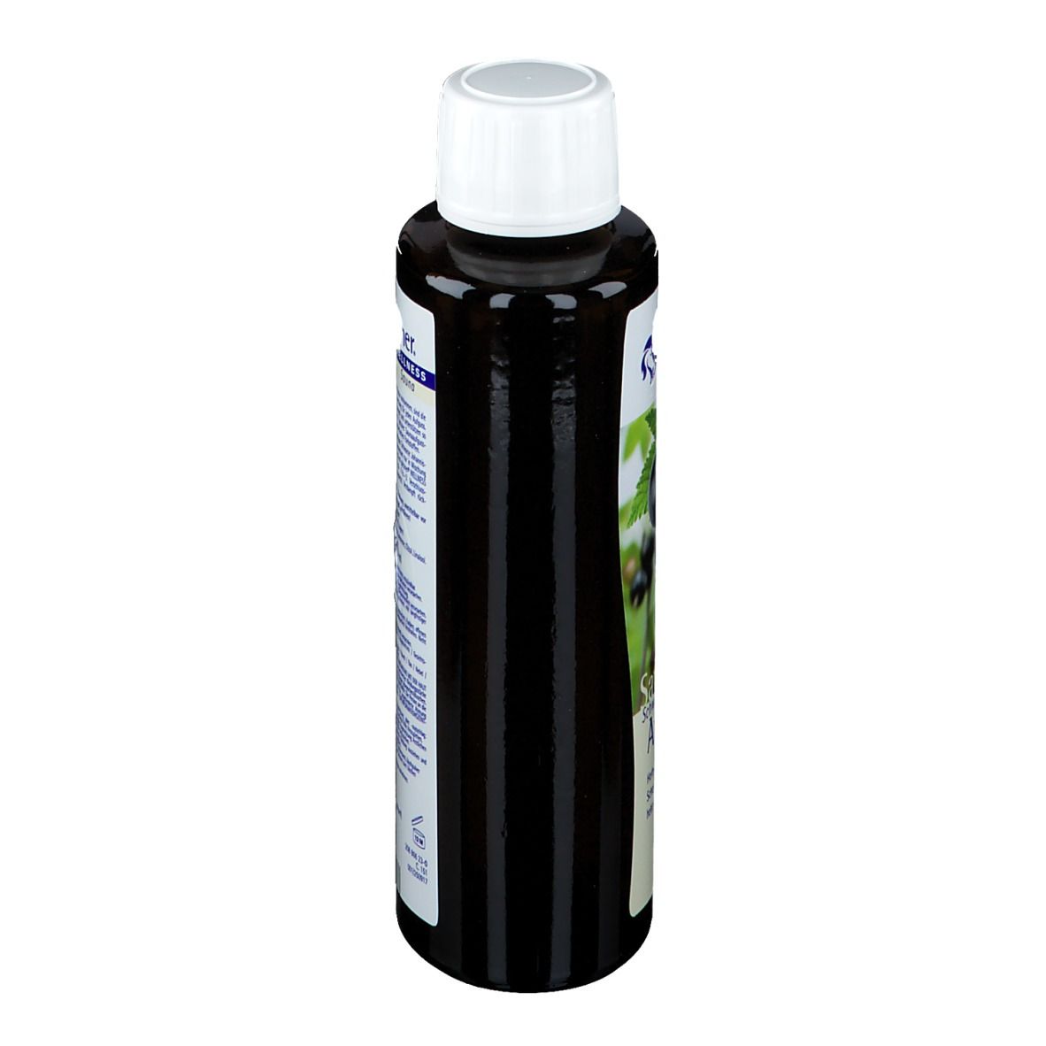Dunkle Flasche mit weißem Deckel. Seitenansicht mit Etikett und Logo.