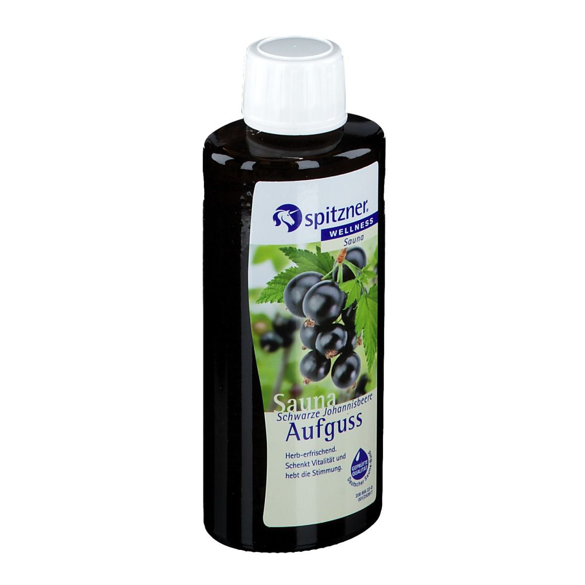 Dunkle Flasche mit weißem Deckel. Etikett mit Johannisbeeren, Logo und Schriftzug 'Wellness Sauna Aufguss'.