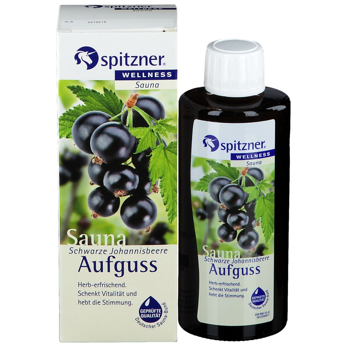 Produktflasche und Verpackung. Flasche mit Johannisbeeren-Etikett, daneben Verpackung mit gleichem Design.