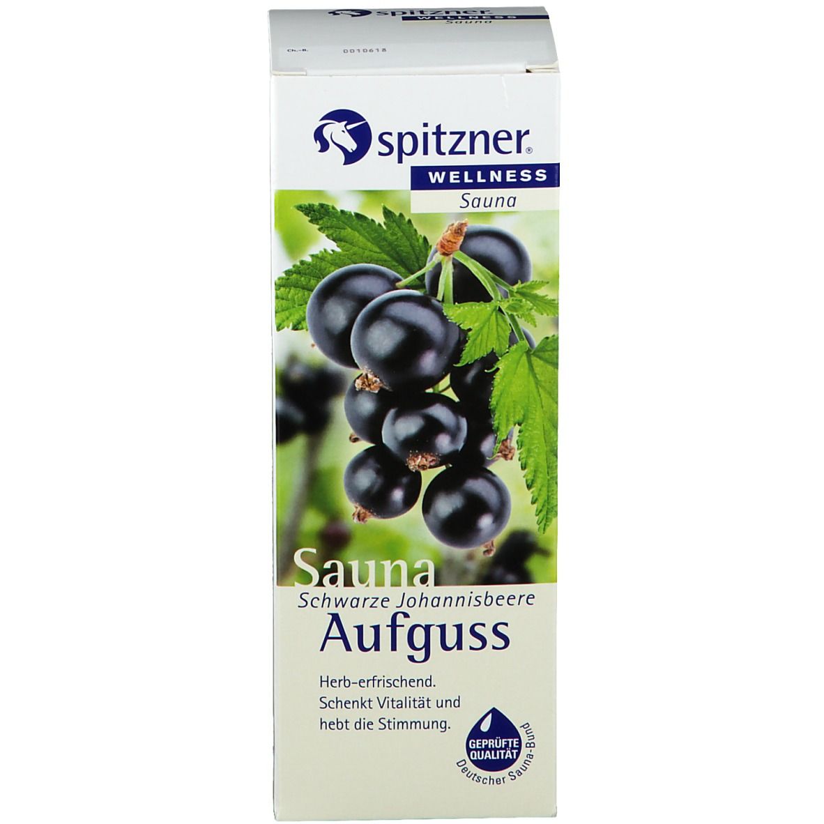 Verpackung mit Johannisbeeren, Logo und Schriftzug 'Wellness Sauna Aufguss'. Geprüfte Qualität.