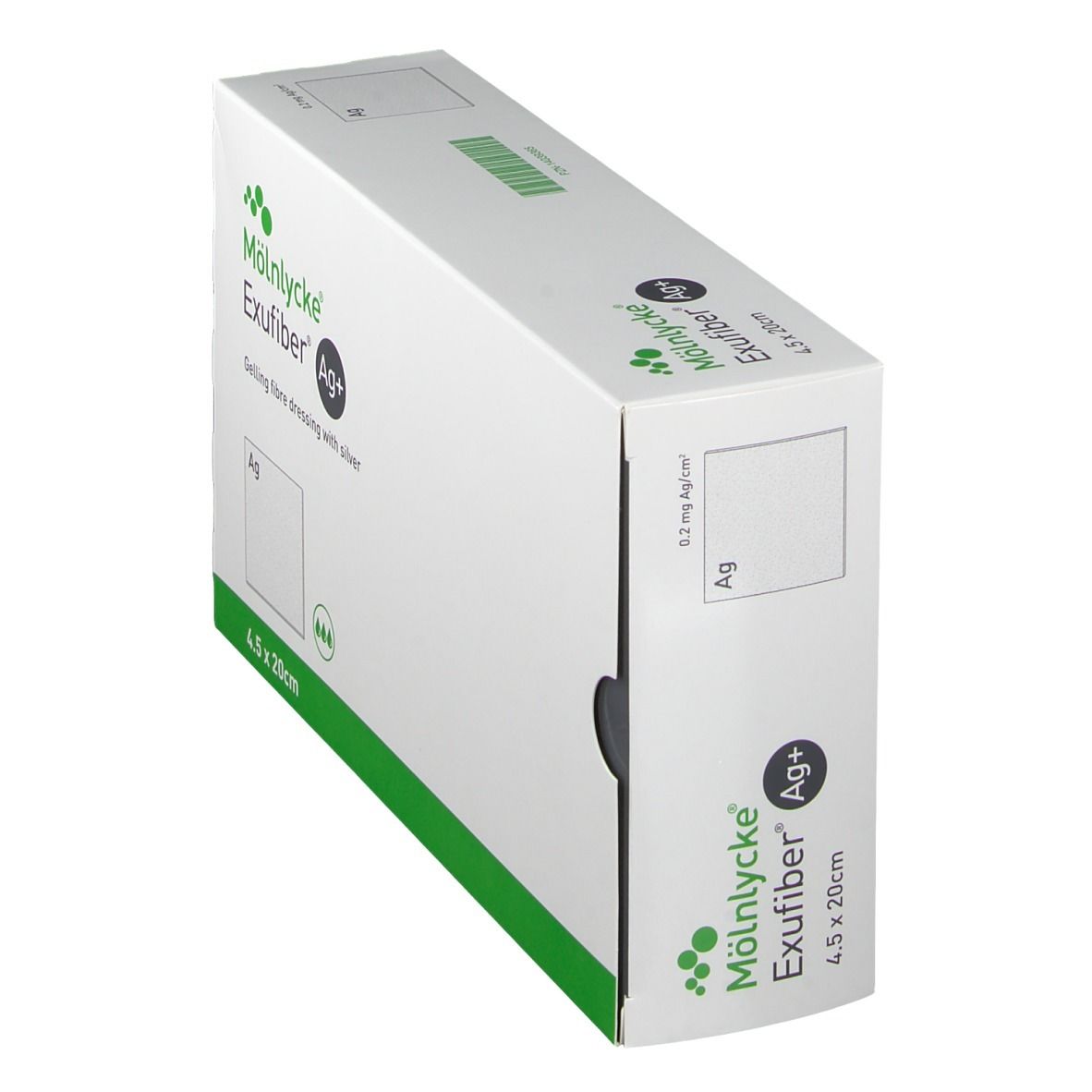 Schräg gestellte Verpackung von Exufiber Ag+ Wundauflage. Weißer Karton mit grünen Akzenten. Produktname und Größe 4,5 x 20 cm.