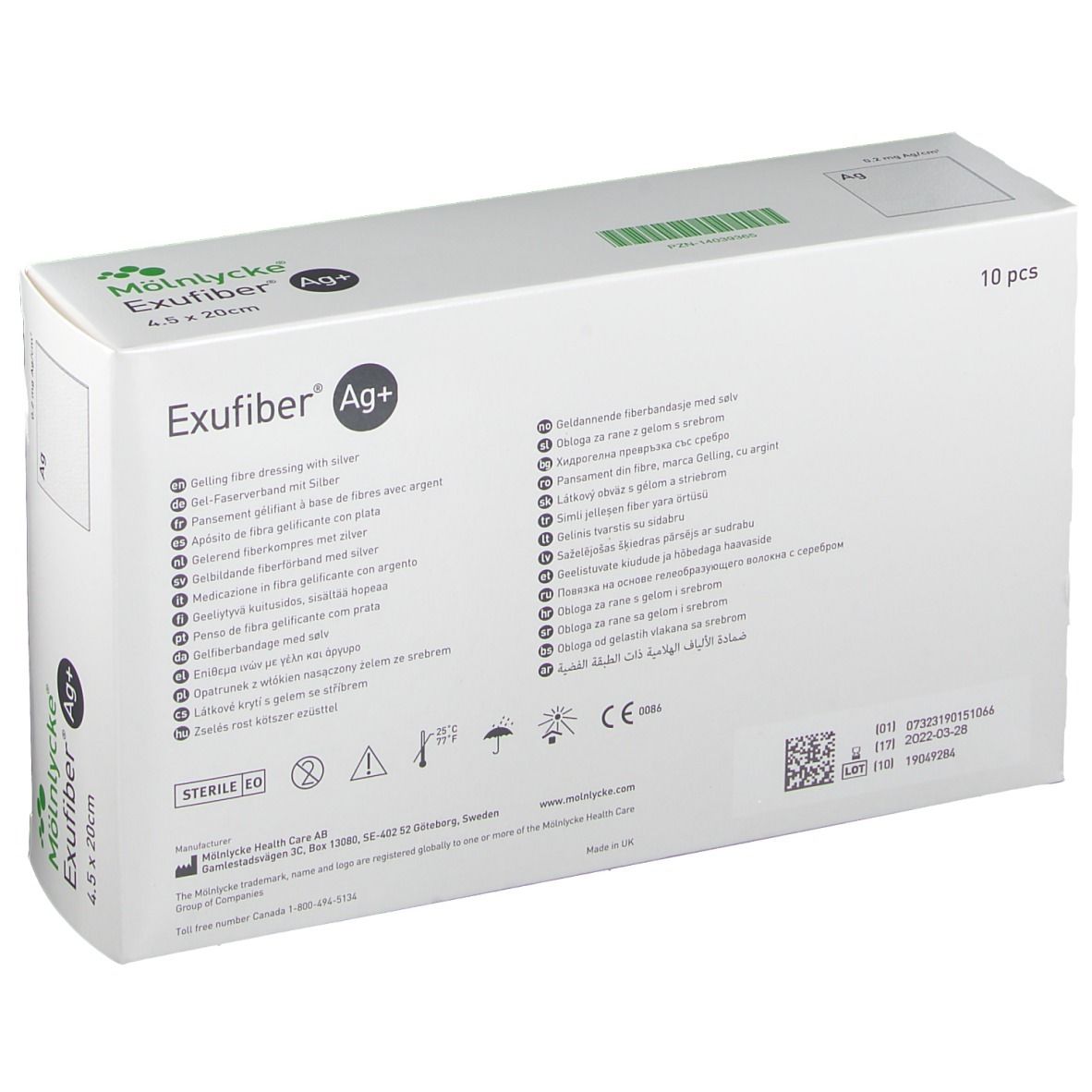 Rückseite der Exufiber Ag+ Verpackung. Text in mehreren Sprachen. Sterile Kennzeichnung und CE-Zeichen sind sichtbar.