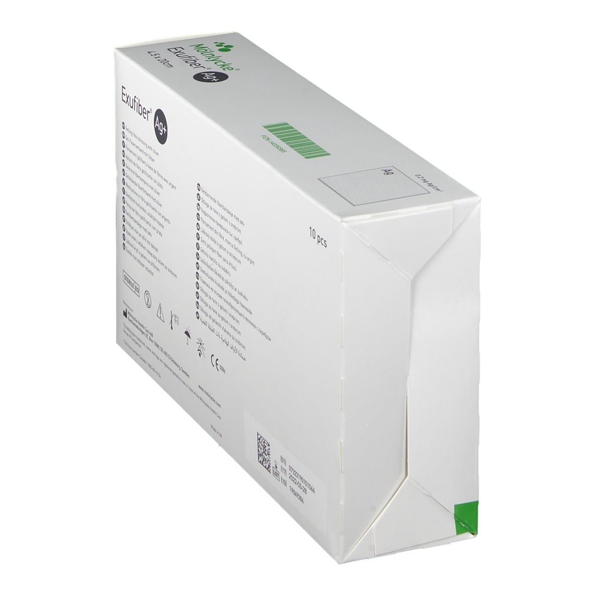 Schräg gestellte Verpackung von Exufiber Ag+ Wundauflage. Rückseite mit Text und Kennzeichnungen. Sterile Kennzeichnung.