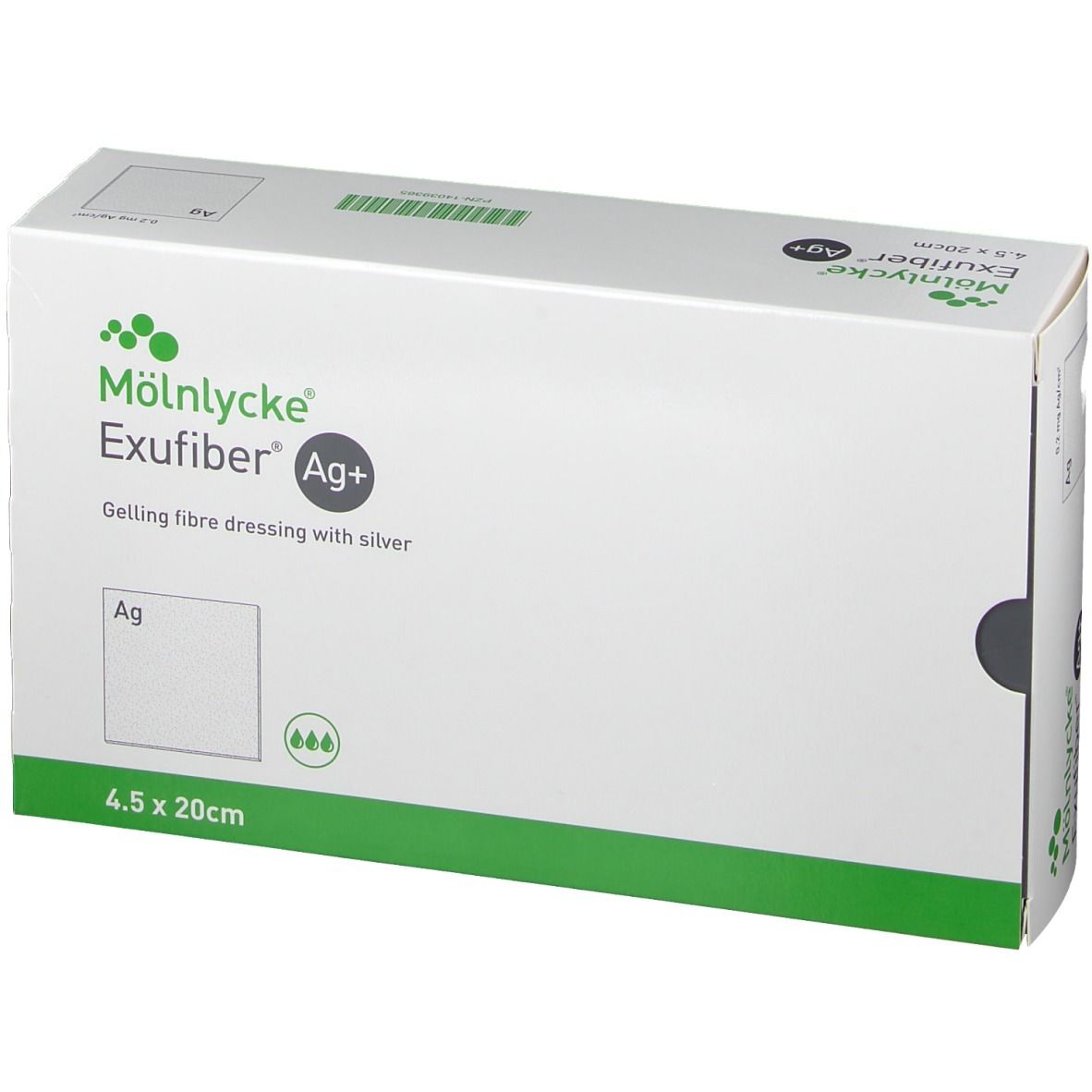 Verpackung von Exufiber Ag+ Wundauflage. Weißer Karton mit grünen Akzenten. Produktname und Größe 4,5 x 20 cm sind sichtbar.