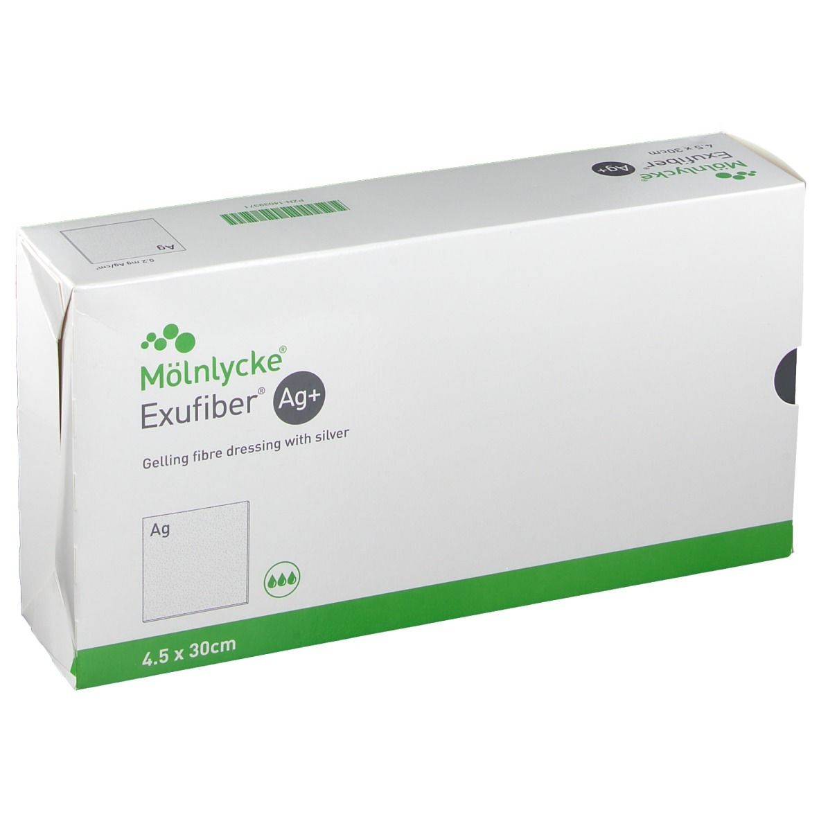 Verpackung von Mölnlycke Exufiber Ag+ Wundauflage. Größe 4,5 x 30 cm. Mit Silber. Weißer Karton mit grünen Akzenten.