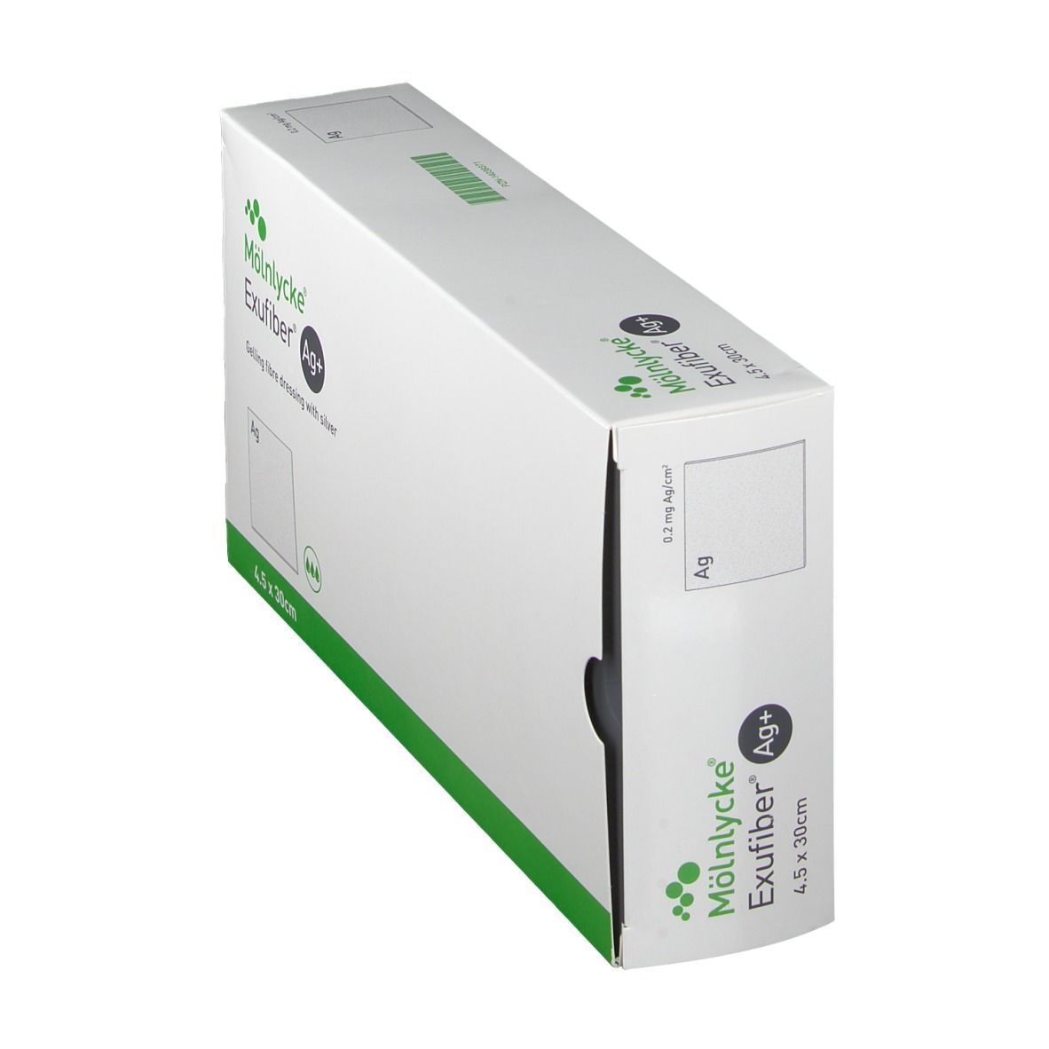Schrägansicht der Verpackung von Mölnlycke Exufiber Ag+ Wundauflage. Weißer Karton mit grünen Akzenten. Größe 4,5 x 30 cm.
