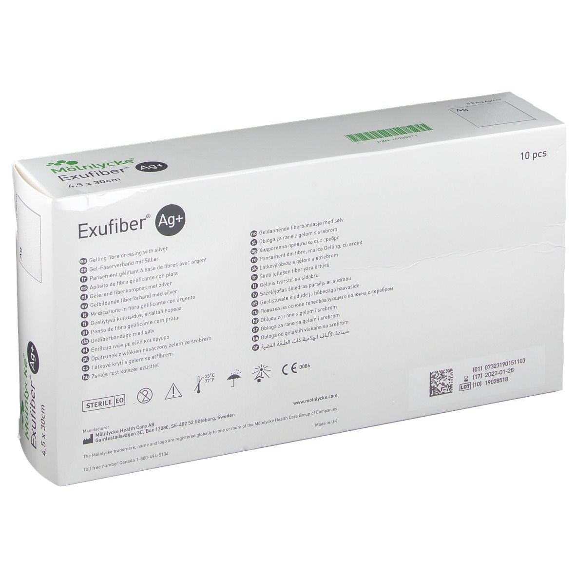 Rückseite der Verpackung von Mölnlycke Exufiber Ag+ Wundauflage. 10 Stück. Produktinformationen und Symbole.