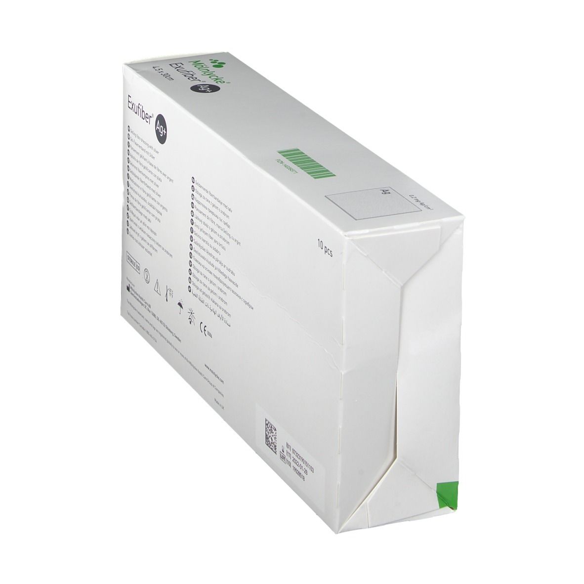 Schrägansicht der Verpackung von Mölnlycke Exufiber Ag+ Wundauflage. 10 Stück. Produktinformationen.