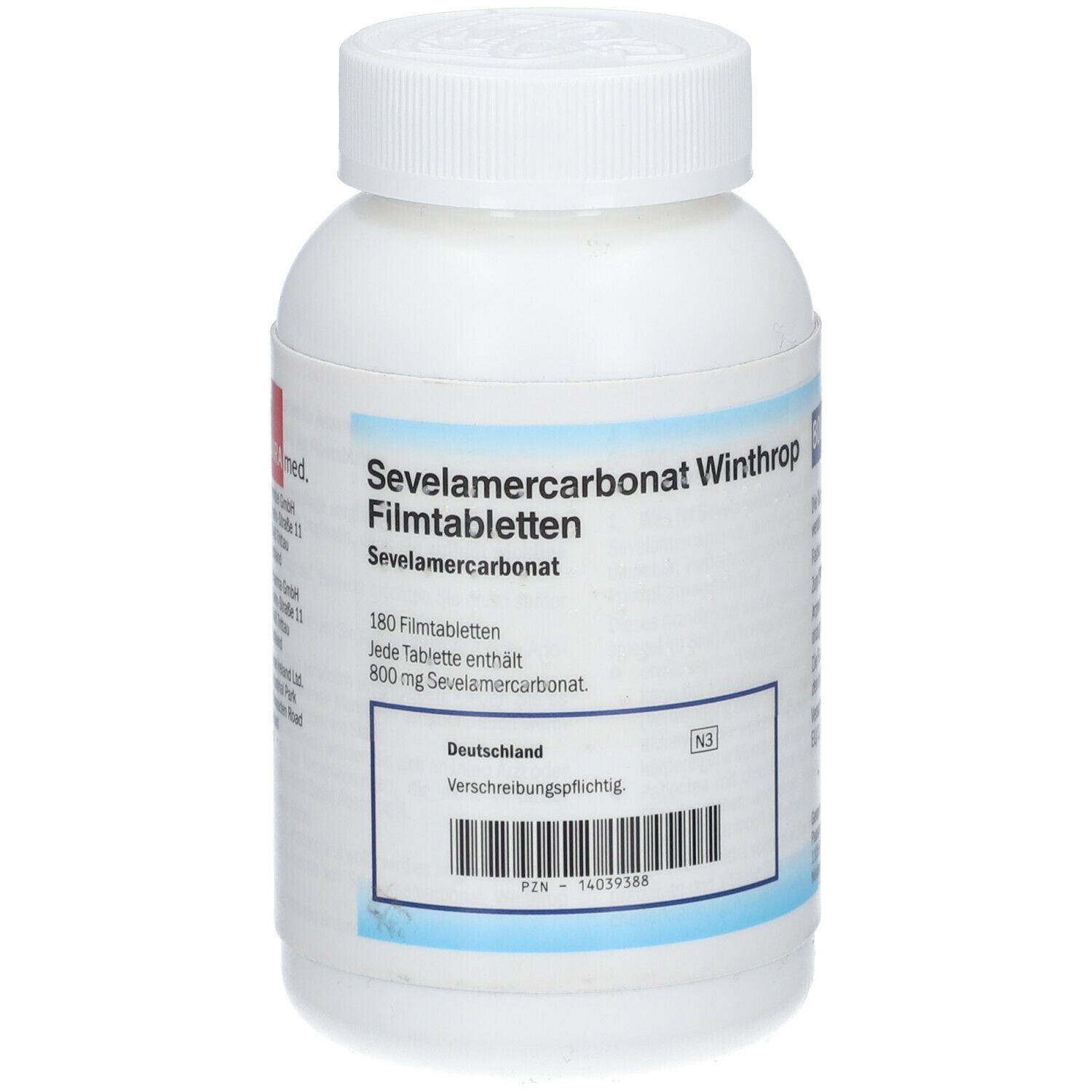 Weiße Flasche mit Schraubverschluss. Beschriftung: Sevelamercarbonat Winthrop Filmtabletten. Enthält 180 Tabletten, 800 mg Sevelamercarbonat.