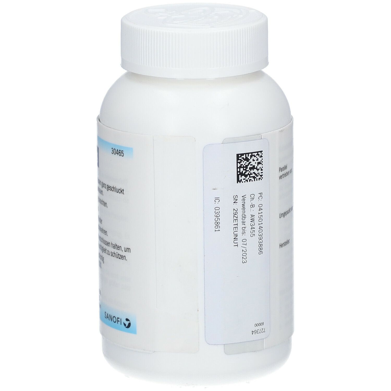 Weiße Flasche mit Schraubverschluss. Beschriftung und QR-Code. Hersteller- und Verfallsdatum.
