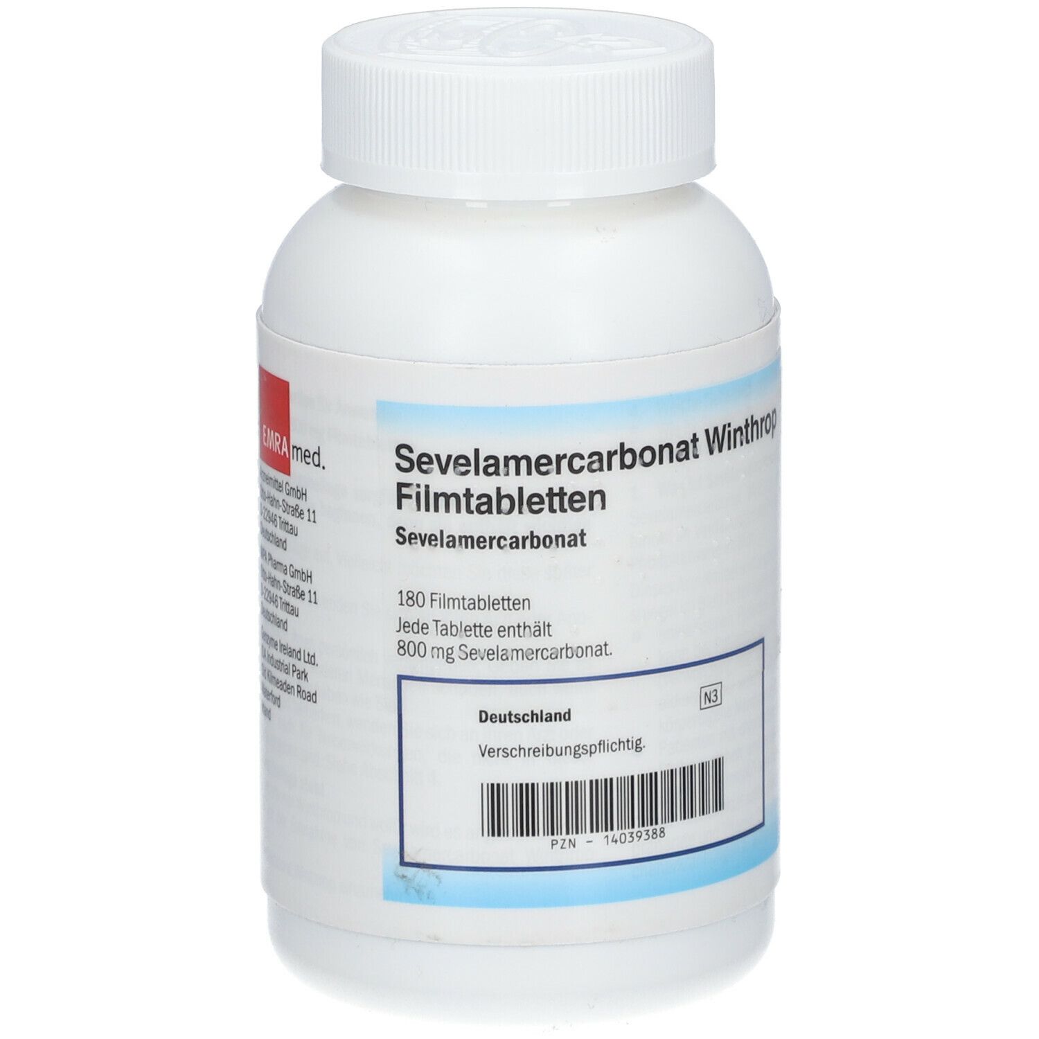 Weiße Flasche mit Schraubverschluss. Beschriftung: Sevelamercarbonat Winthrop Filmtabletten. Enthält 180 Tabletten, 800 mg Sevelamercarbonat.