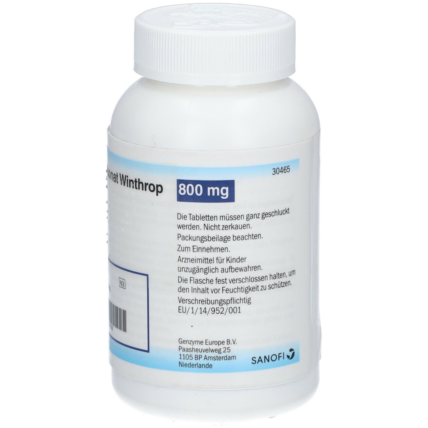 Weiße Flasche mit Schraubverschluss. Beschriftung: Sevelamercarbonat Winthrop 800 mg. Text: Die Tabletten müssen ganz geschluckt werden.