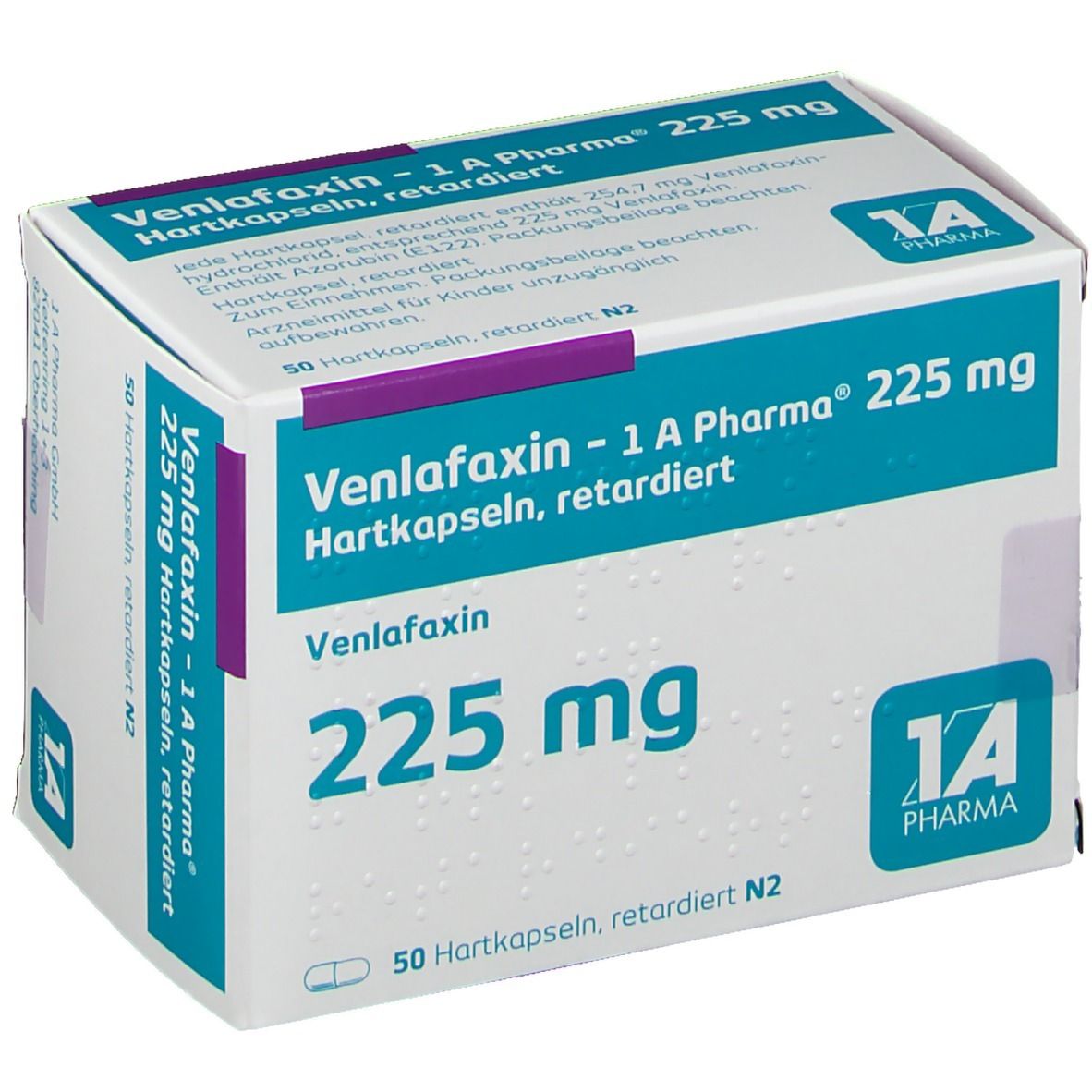 Schachtel mit Venlafaxin - 1 A Pharma® 225 mg Hartkapseln. Aufschrift: 50 Hartkapseln, retardiert N2. Logo 1 A Pharma.