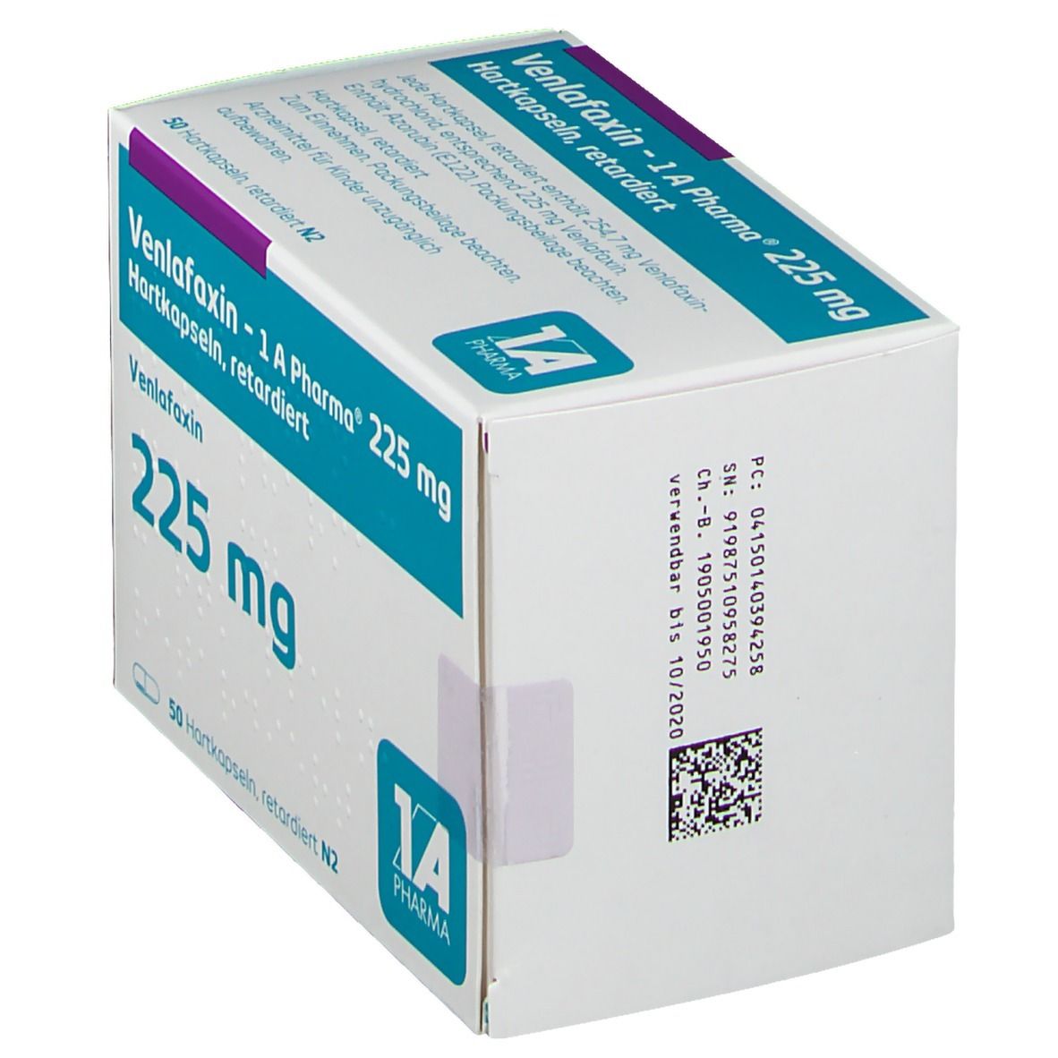 Schachtel mit Venlafaxin - 1 A Pharma® 225 mg Hartkapseln. Aufschrift: 50 Hartkapseln, retardiert N2. Logo 1 A Pharma. Barcode und Chargennummer.