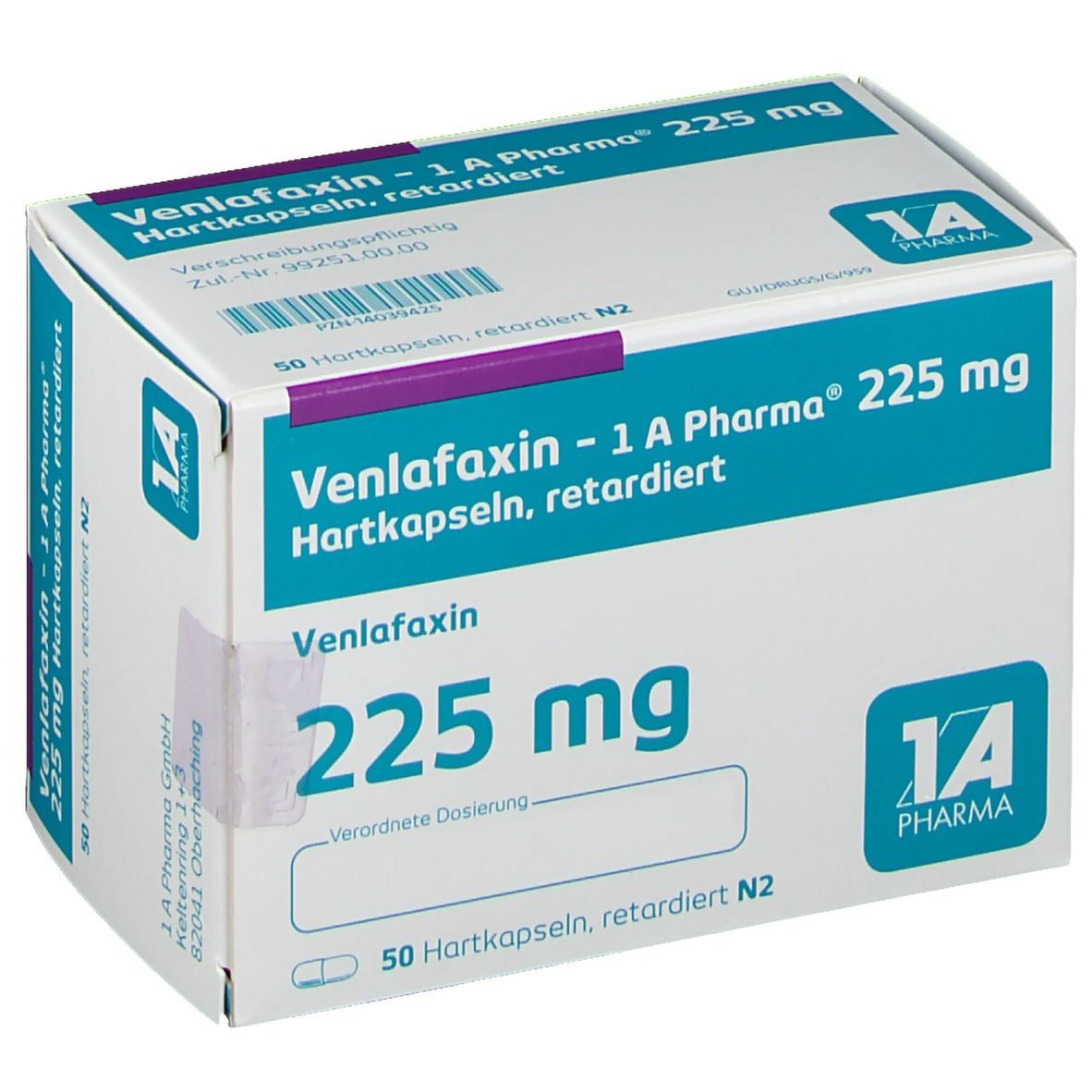Schachtel mit Venlafaxin - 1 A Pharma® 225 mg Hartkapseln. Aufschrift: 50 Hartkapseln, retardiert N2. Logo 1 A Pharma. Rezeptfeld.