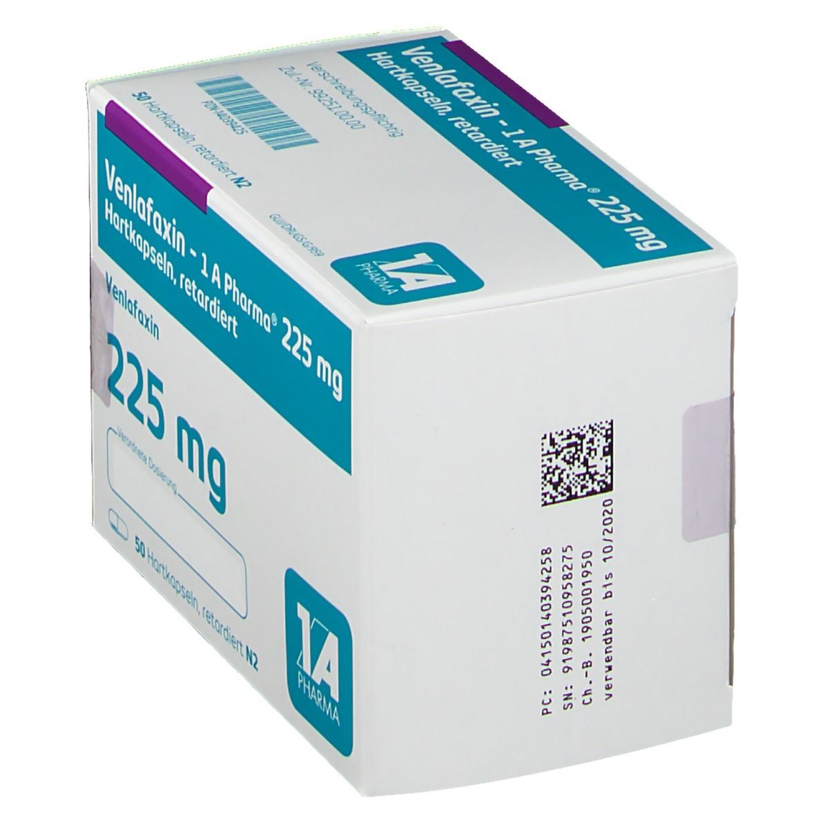 Schachtel mit Venlafaxin - 1 A Pharma® 225 mg Hartkapseln. Aufschrift: 50 Hartkapseln, retardiert N2. Logo 1 A Pharma. Barcode und Chargennummer.