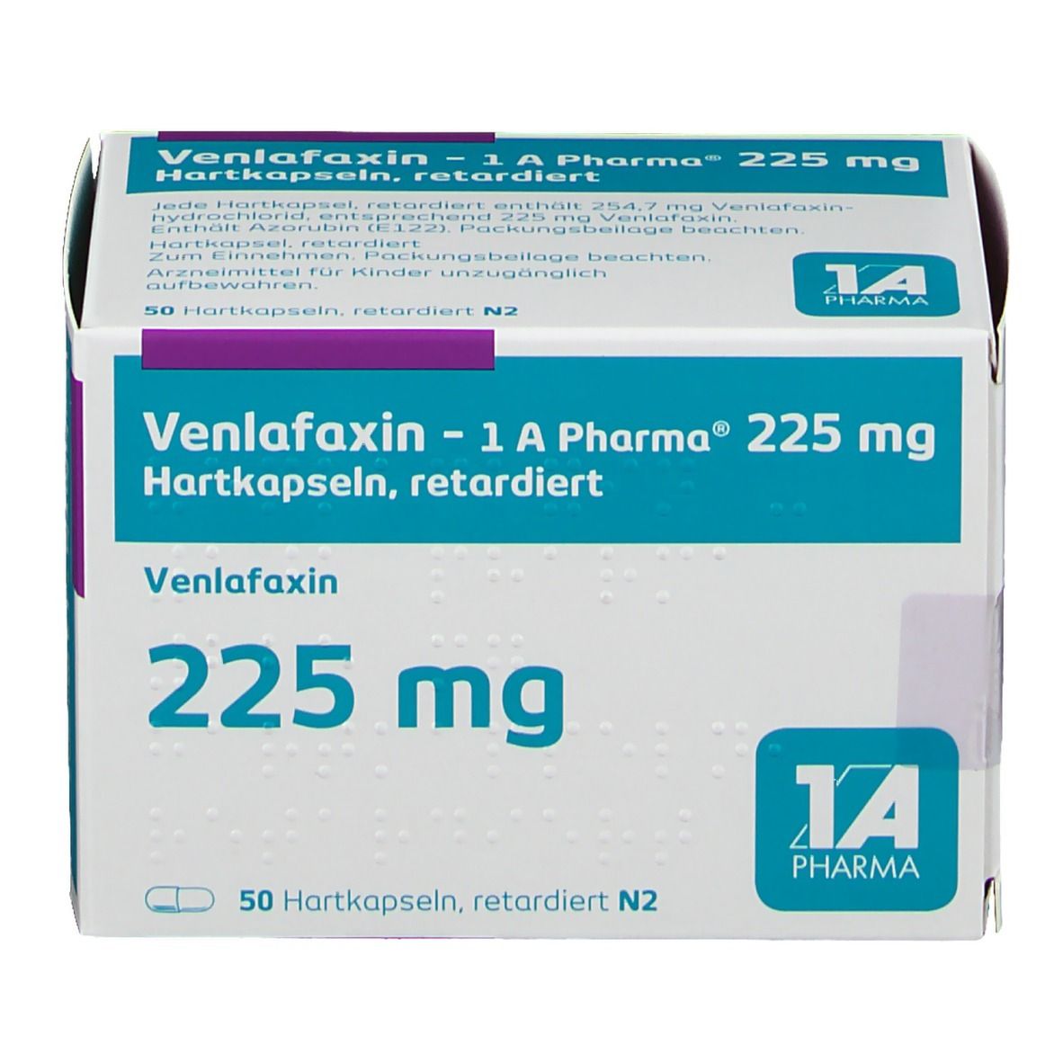 Schachtel mit Venlafaxin - 1 A Pharma® 225 mg Hartkapseln. Aufschrift: 50 Hartkapseln, retardiert N2. Logo 1 A Pharma.