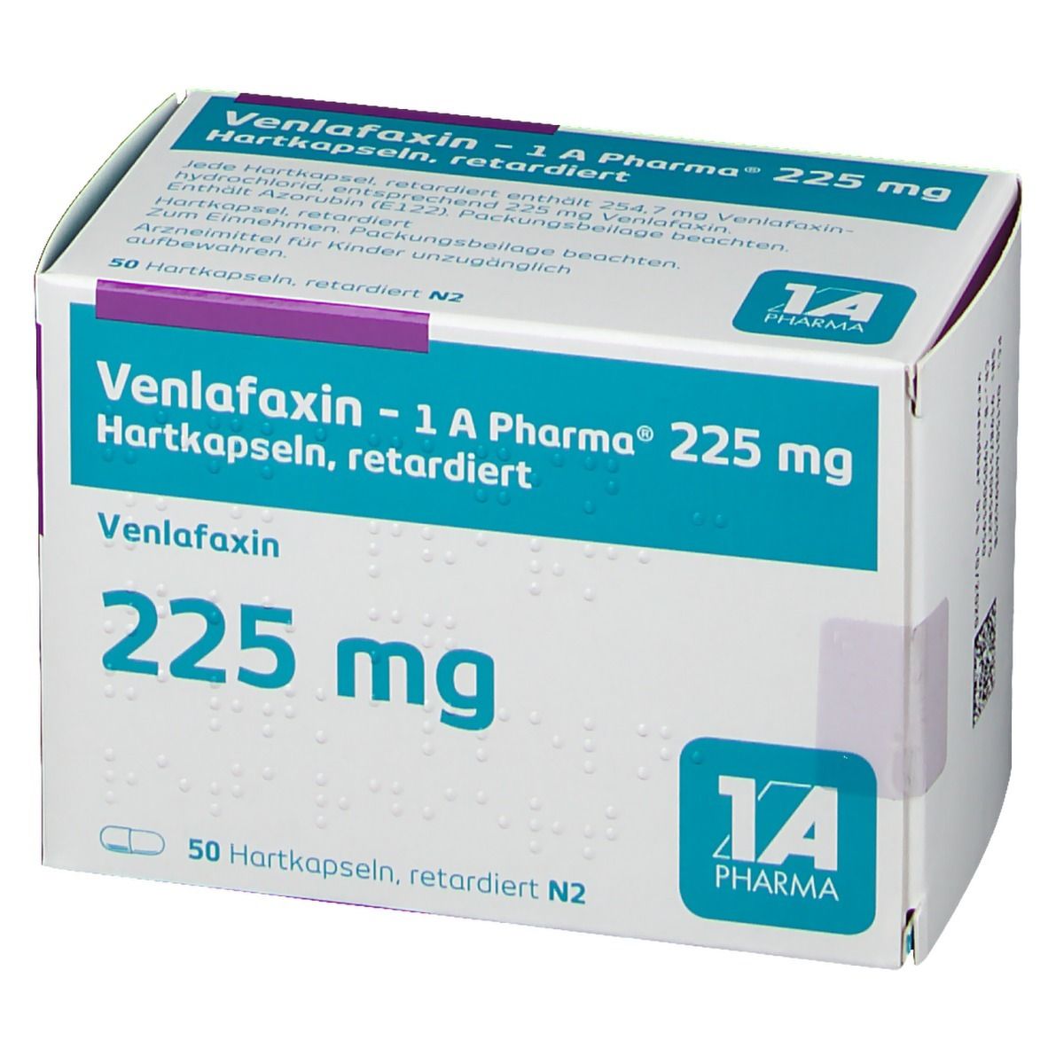 Schachtel mit Venlafaxin - 1 A Pharma® 225 mg Hartkapseln. Aufschrift: 50 Hartkapseln, retardiert N2. Logo 1 A Pharma.