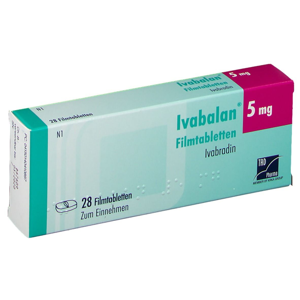 Schachtel mit Ivabalan 5 mg Filmtabletten. Türkis-weißes Design mit Produktnamen und Dosierung. Enthält 28 Tabletten.