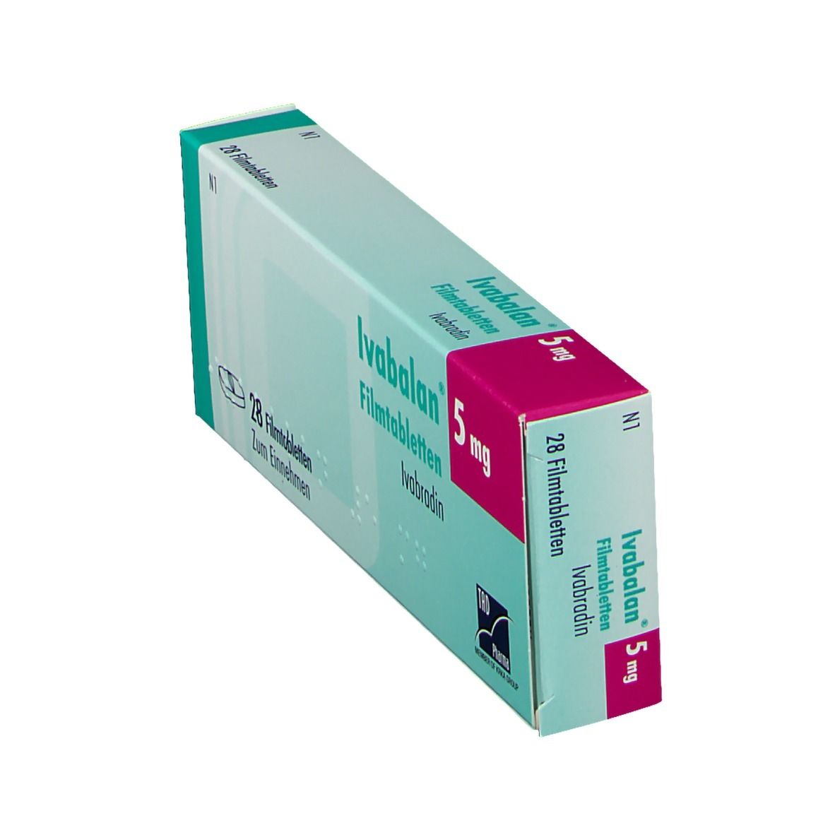 Schräg gestellte Schachtel Ivabalan 5 mg. Türkis-weißes Design mit Produktnamen und Dosierung. Enthält 28 Filmtabletten.