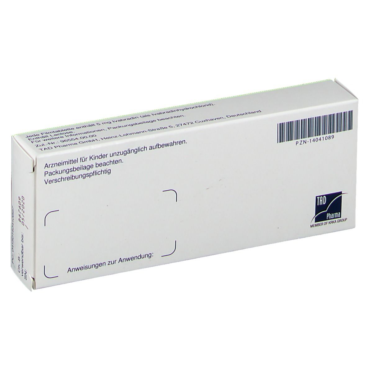 Rückseite der Ivabalan 5 mg Schachtel. Enthält Informationen wie Hersteller, Chargennummer und Anweisungen zur Anwendung.