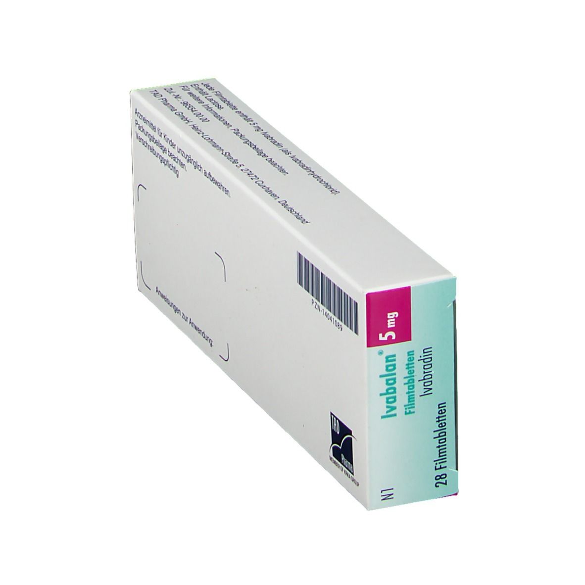 Schräg gestellte Rückseite der Ivabalan 5 mg Schachtel. Enthält Informationen wie Hersteller, Chargennummer und Anweisungen.