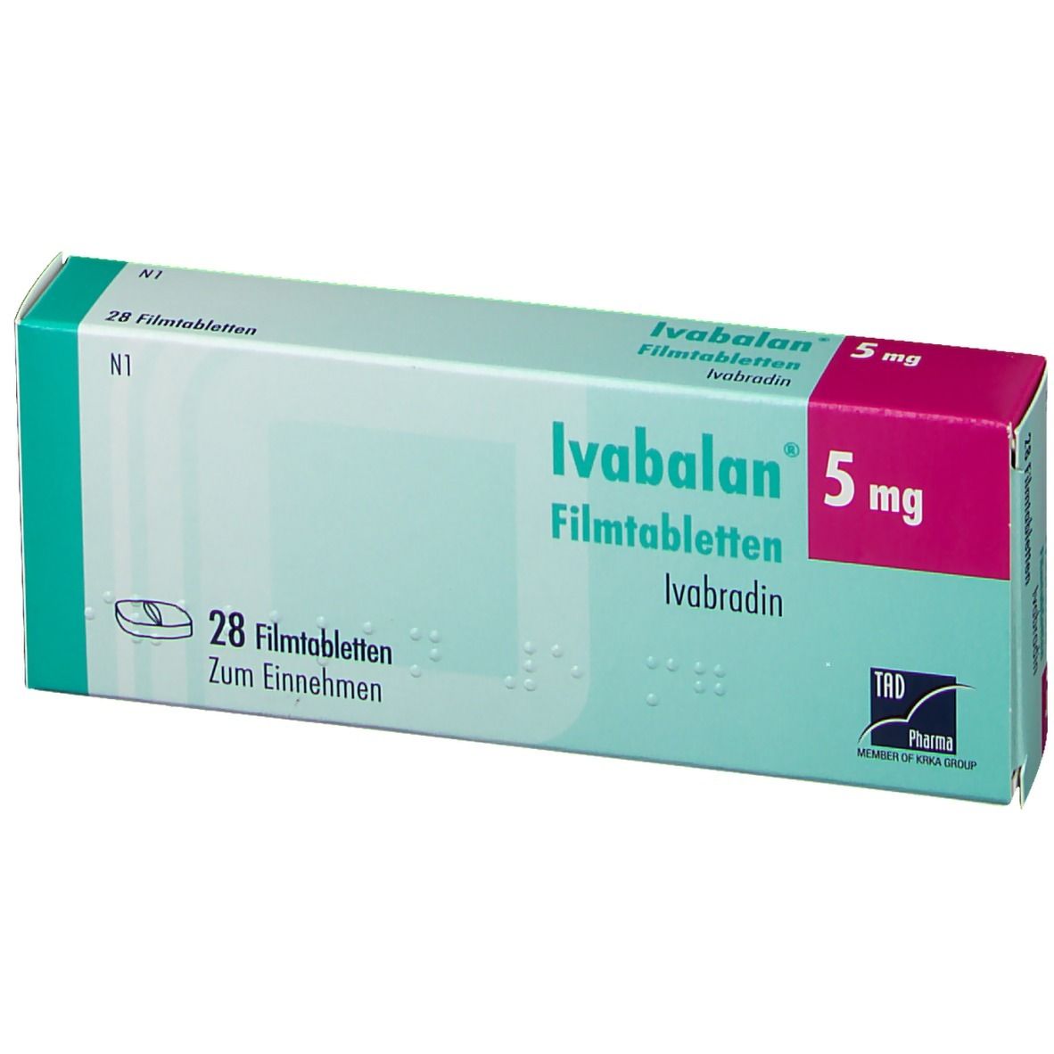 Schachtel Ivabalan 5 mg Filmtabletten. Türkis-weißes Design mit Produktnamen und Dosierung. Enthält 28 Tabletten.