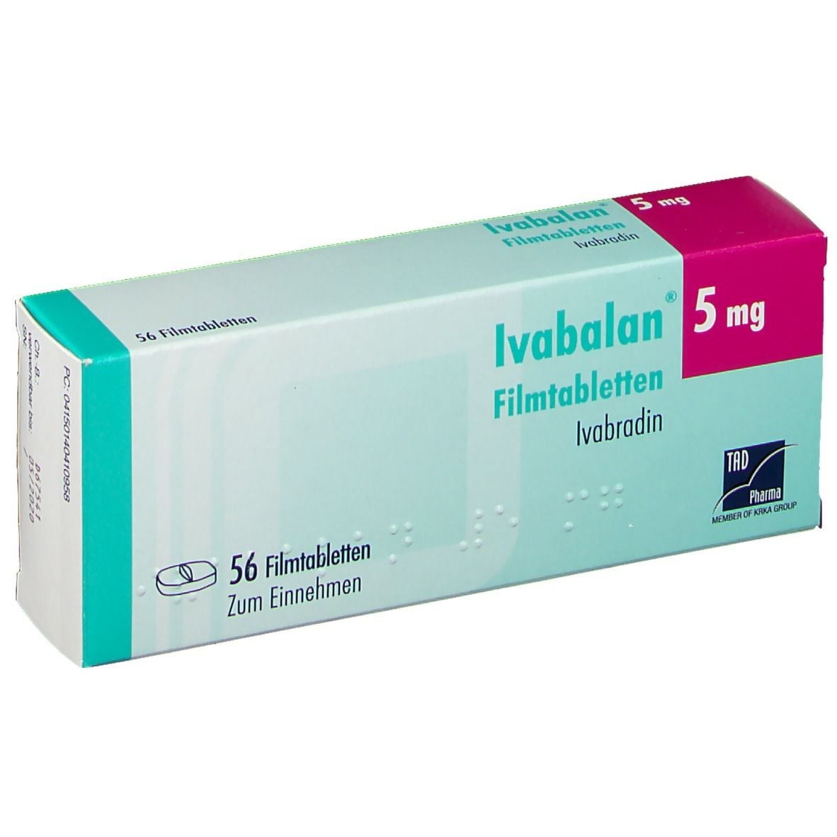 Schachtel mit Ivabalan 5 mg Filmtabletten. Aufschrift: 56 Filmtabletten. Marke und Dosierung deutlich sichtbar.