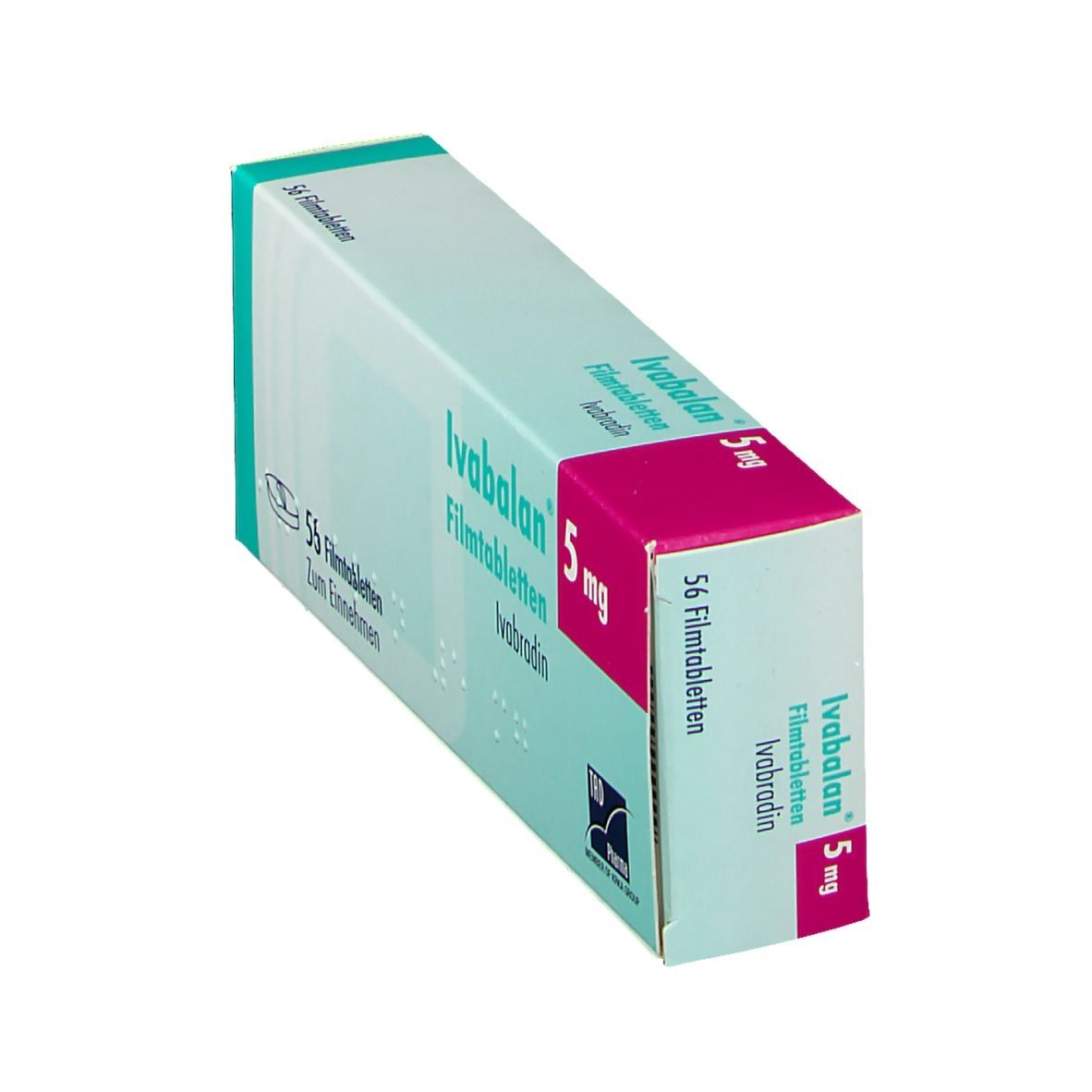 Schräg gestellte Schachtel mit Ivabalan 5 mg Filmtabletten. Aufschrift: 56 Filmtabletten. Marke und Dosierung deutlich sichtbar.