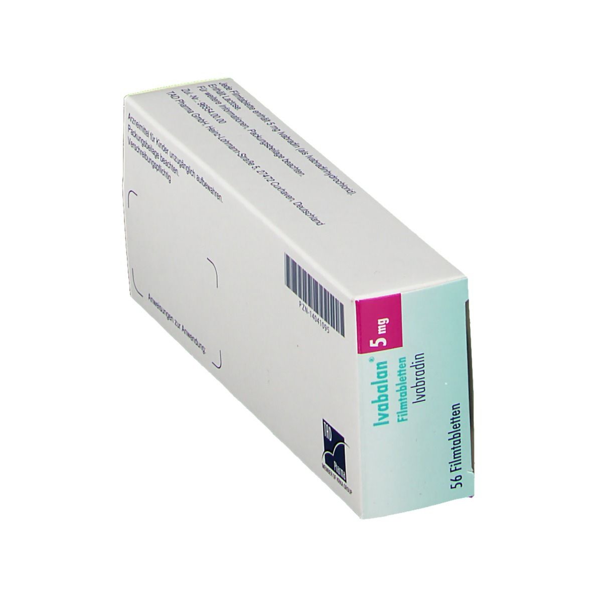 Schräg gestellte Schachtel mit Ivabalan 5 mg Filmtabletten. Marke und Dosierung deutlich sichtbar.