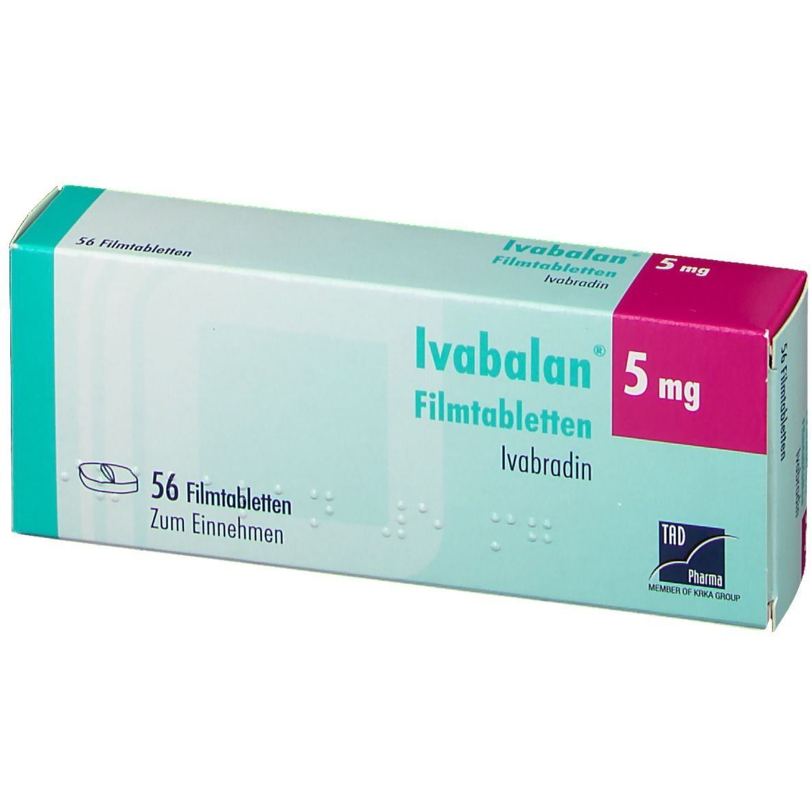 Schachtel mit Ivabalan 5 mg Filmtabletten. Aufschrift: 56 Filmtabletten. Marke und Dosierung deutlich sichtbar.