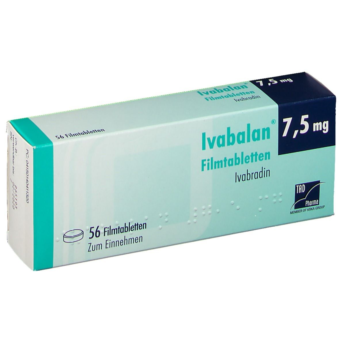 Schachtel mit Ivabalan 7,5 mg Filmtabletten. Aufschrift: 56 Filmtabletten, Ivabradin. Grün-weißes Design.