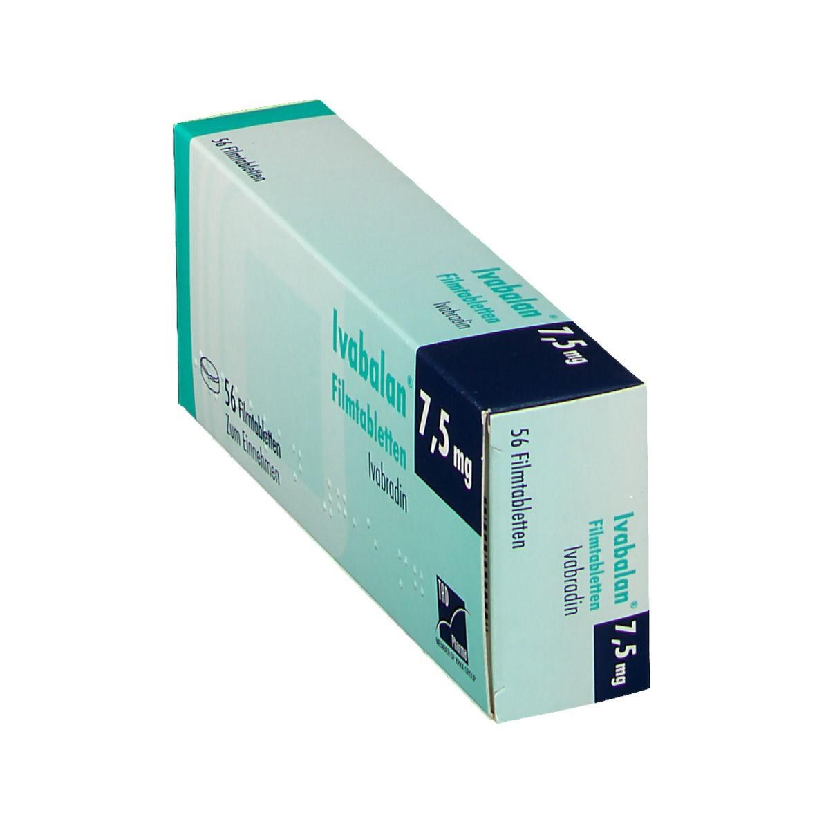 Schräg stehende Schachtel mit Ivabalan 7,5 mg. Aufschrift: 56 Filmtabletten, Ivabradin. Grün-weißes Design.