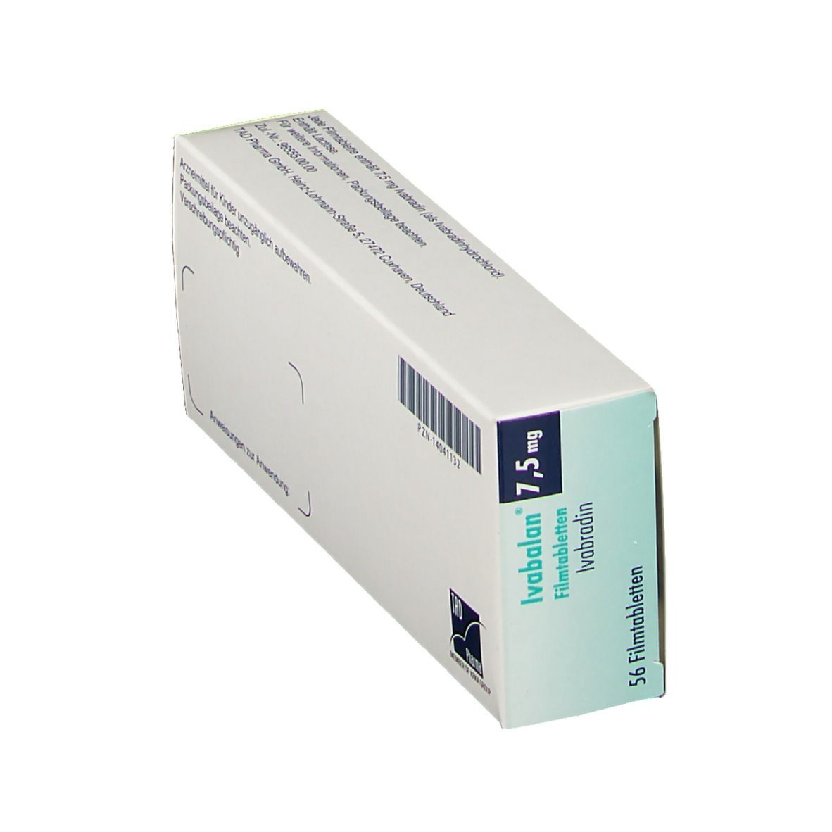 Schräg stehende Schachtel mit Ivabalan 7,5 mg. Barcode und Text. Weißer Hintergrund.