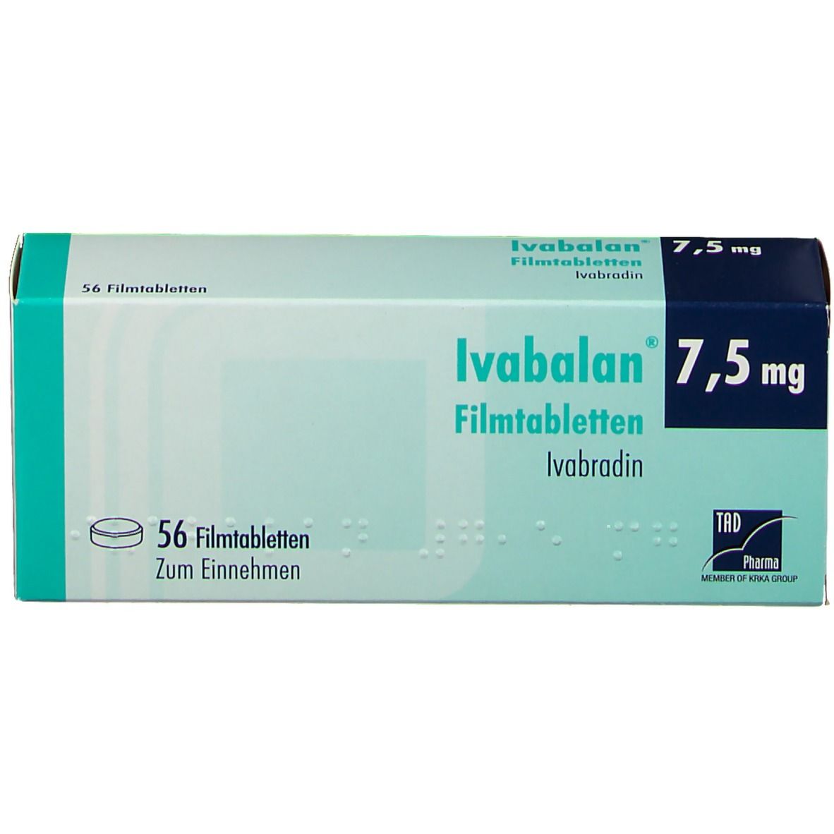 Schachtel mit Ivabalan 7,5 mg Filmtabletten. Aufschrift: 56 Filmtabletten, Ivabradin. Grün-weißes Design.