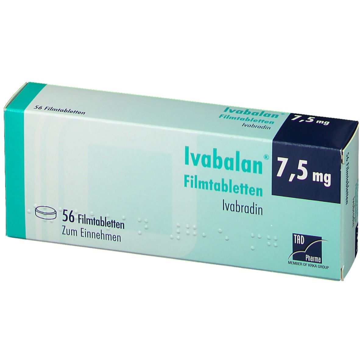 Schachtel mit Ivabalan 7,5 mg Filmtabletten. Aufschrift: 56 Filmtabletten, Ivabradin. Grün-weißes Design.