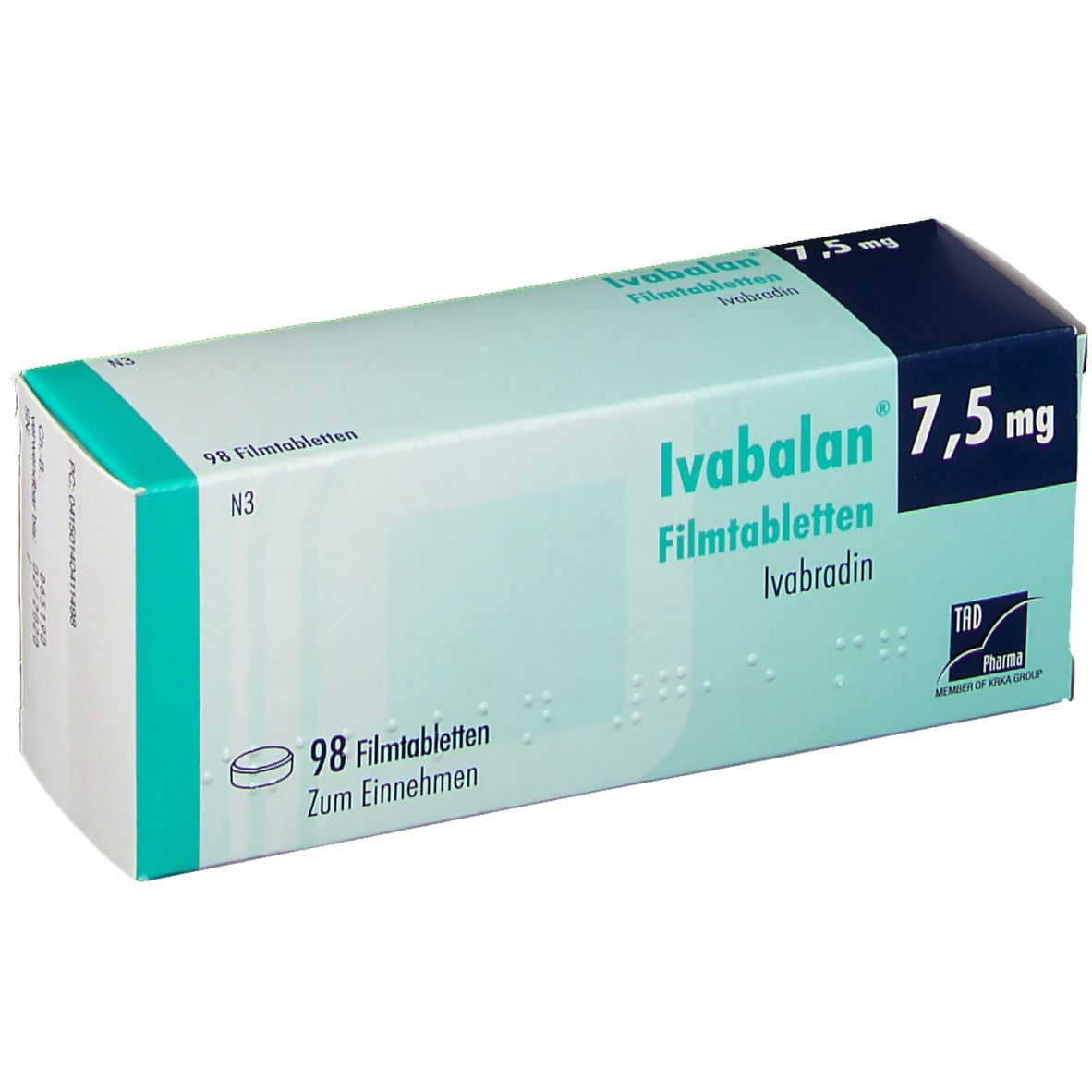 Schachtel Ivabalan 7,5 mg Filmtabletten. Aufschrift: 98 Filmtabletten, Ivabradin. Logo TAD Pharma.