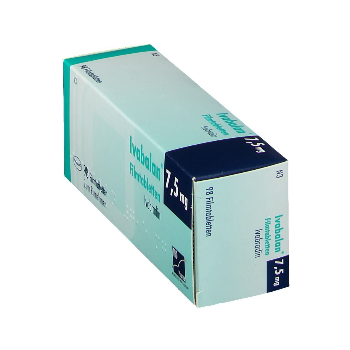 Schachtel Ivabalan 7,5 mg Filmtabletten. Aufschrift: 98 Filmtabletten, Ivabradin. Logo TAD Pharma.