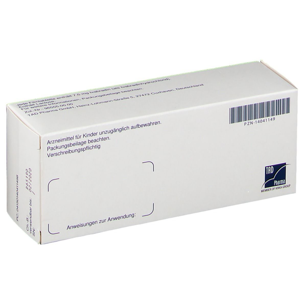 Rückseite der Schachtel Ivabalan 7,5 mg Filmtabletten. Text: Arzneimittel für Kinder unzugänglich aufbewahren. Logo TAD Pharma.