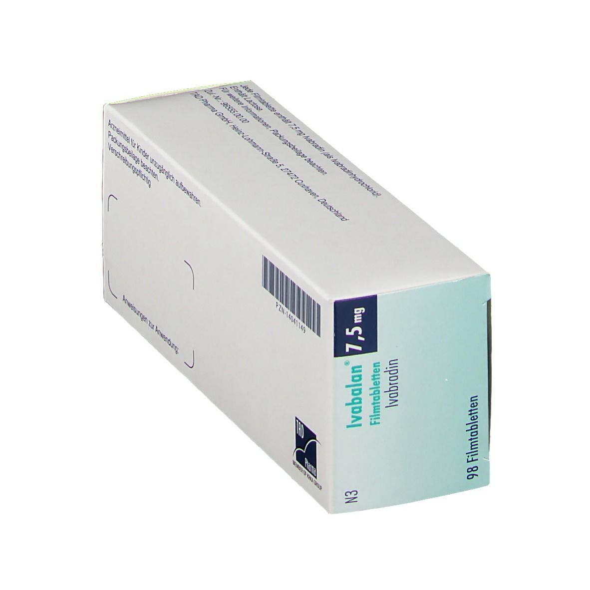 Schachtel Ivabalan 7,5 mg Filmtabletten. Aufschrift: 98 Filmtabletten, Ivabradin. Logo TAD Pharma.