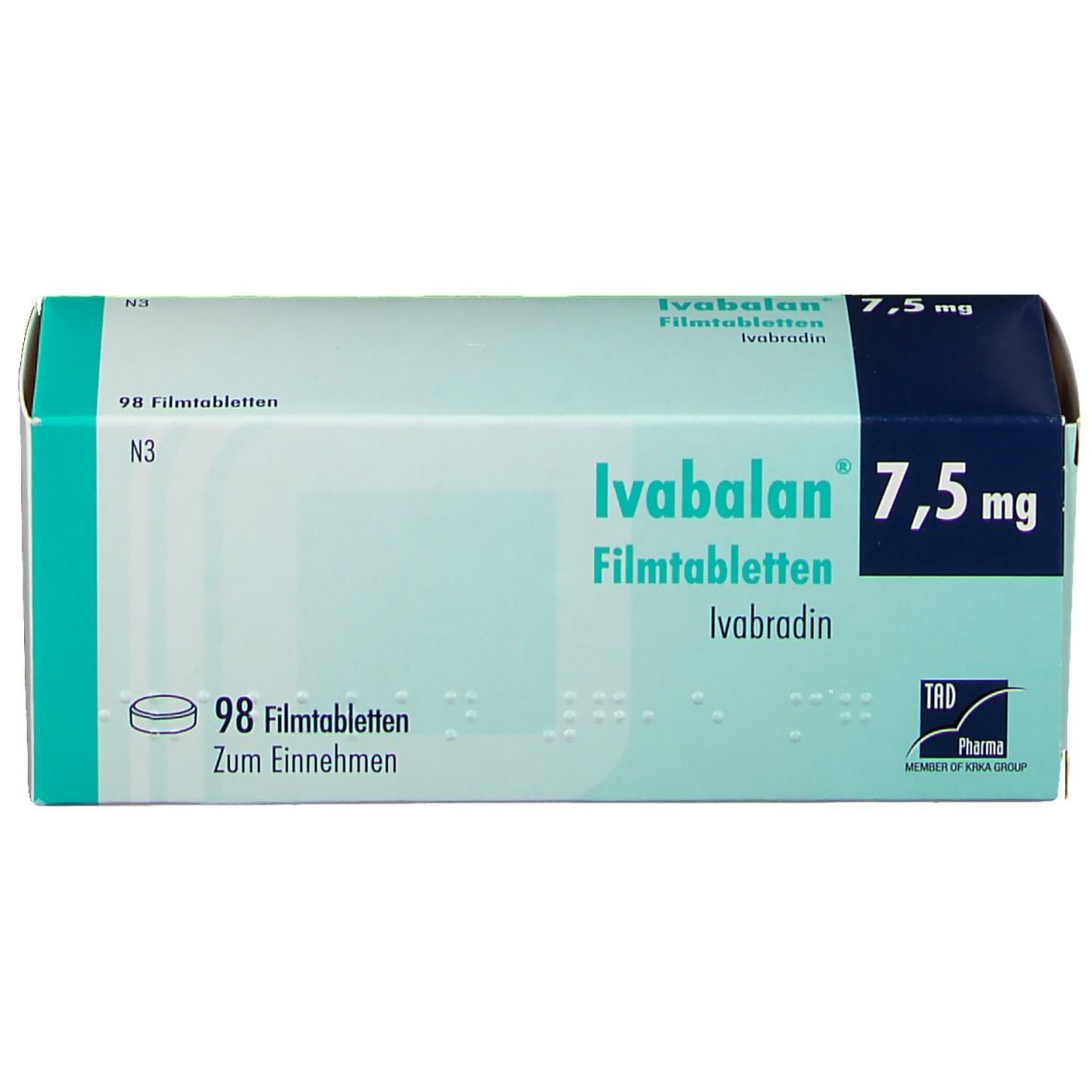 Schachtel Ivabalan 7,5 mg Filmtabletten. Aufschrift: 98 Filmtabletten, Ivabradin. Logo TAD Pharma.